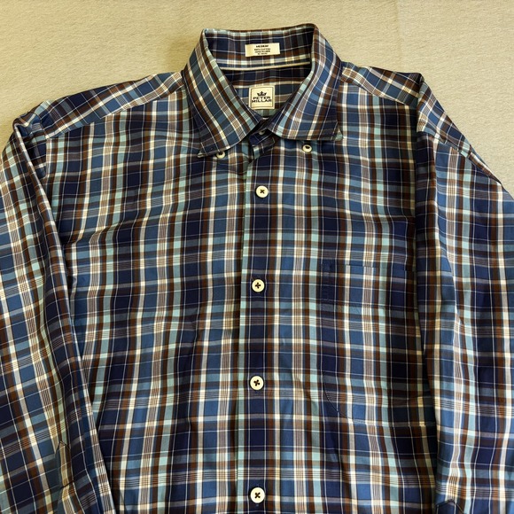 Peter Millar Shirt Mens Medium M Blue Plaid Button Down Long Sleeve 100% Cotton - Picture 2 of 8